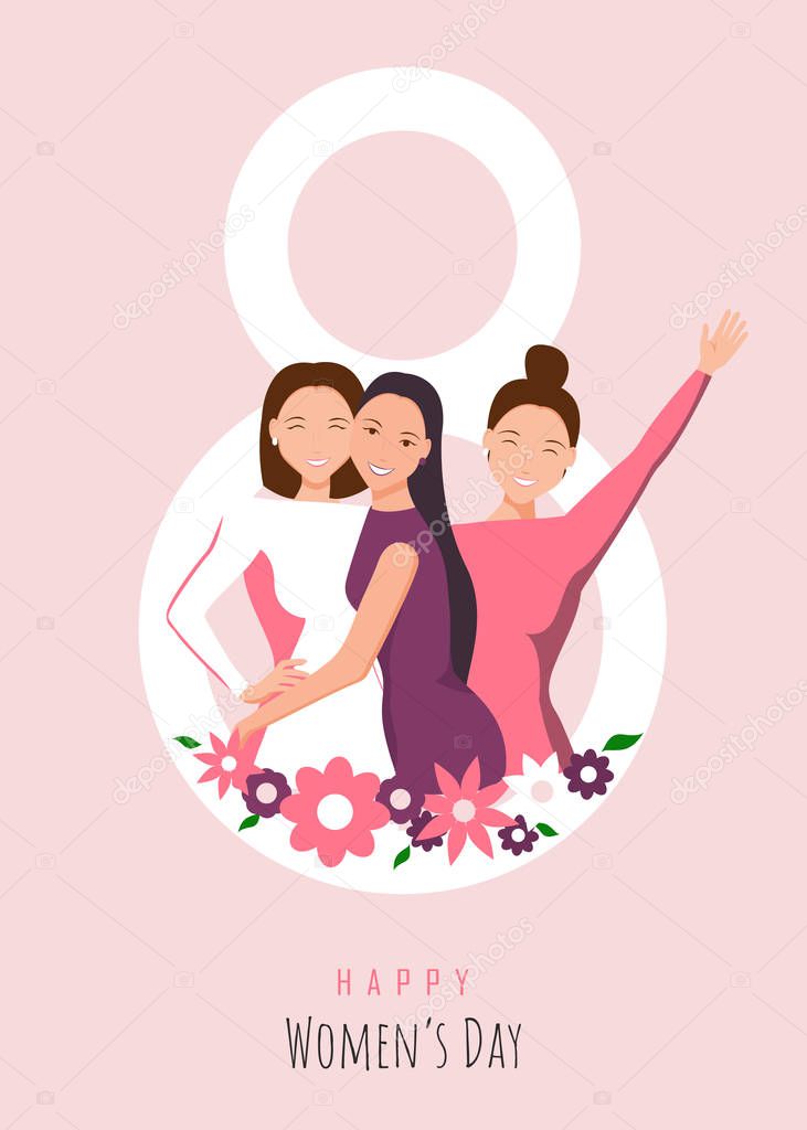 Happy womens day illustration. March 8, International Women's Day. 8 march, womans day, Women's Day background, banners, Women's Day flyer, womens day design. Happy girls hugging. African american wom