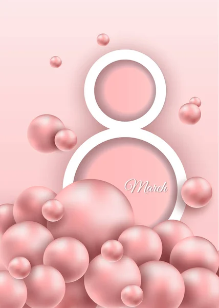 Luxo elegante internacional feminino dia 8 cartão de marcha com fundo rosa e pérolas rosa. 8 de março modelo de layout de dia feliz mulher para anunciar, menu, panfleto, banner, cartão, cartaz, convite . — Vetor de Stock
