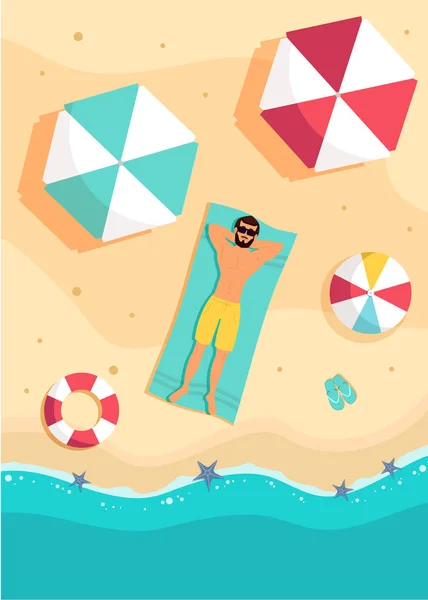 Турист Лежит Пляже Вид Сверху Углом Hello Summer Vacation Tropical — стоковый вектор