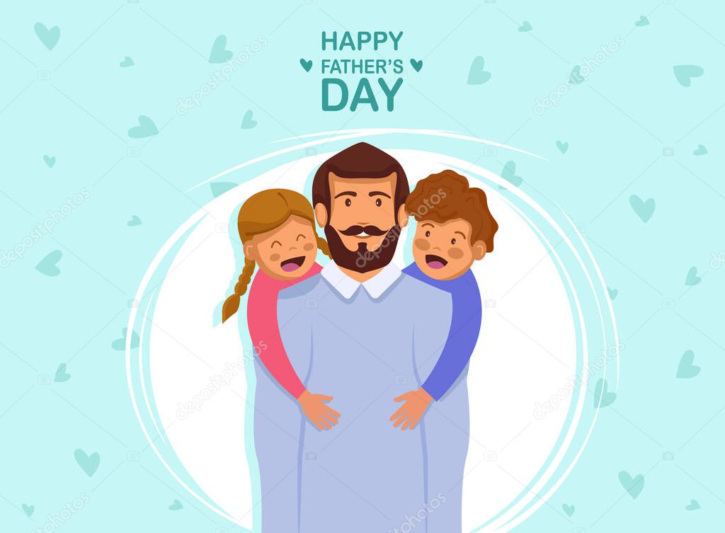 Greeting card Happy Father's Day. Vector illustration of a flat design - stock vector. Happy father's day template design. Cartoon photo of father, red-haired son and daughter hugging together.