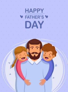 Babalar Günün kutlu olsun. Düz bir dizaynın vektör çizimi - hisse senedi vektörü. Babalar Günü şablon tasarımınız kutlu olsun. Baba, kızıl saçlı kız ve oğlanın sarılırken çekilmiş bir karikatür fotoğrafı. Vektör