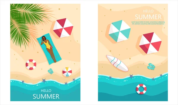 Set Summer Backgrounds Couple Sunbathing Top View Man African American — Stock Vector