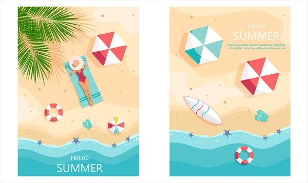 一套夏季礼物证明 特别设计的优惠券用于邀请函 礼品卡和证书 带着海滨和棕榈树的病媒图解 戴着帽子的女人正在晒日光浴 — 图库矢量图片