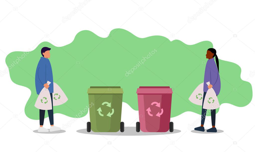 Bundle of cute funny people putting rubbish in trash bins, dumpsters or containers. Set of happy men and women practicing garbage collection, sorting and recycling. Flat cartoon vector illustration.