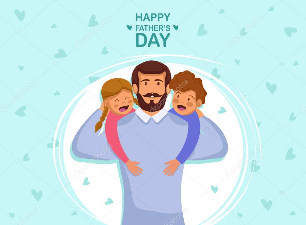 Greeting card Happy Father's Day. Vector illustration of a flat design - stock vector. Happy father's day template design. Cartoon photo of father, red-haired son and daughter hugging together. Vector