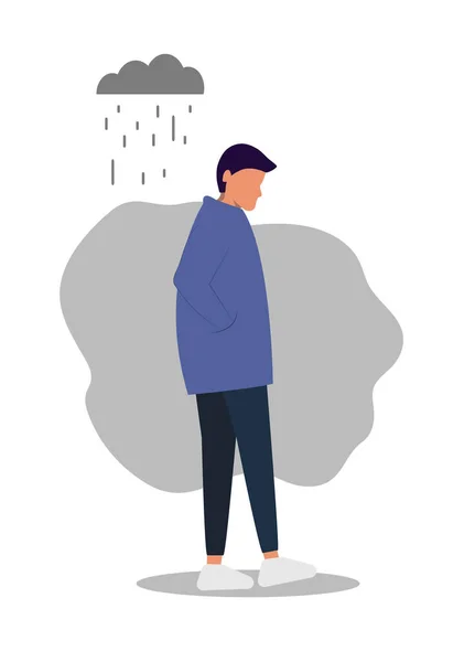 Λυπημένος Άνθρωπος Ένας Νεαρός Άνδρας Πηγαίνει Δυστυχώς Κοιτάζοντας Κάτω Βροχή — Διανυσματικό Αρχείο