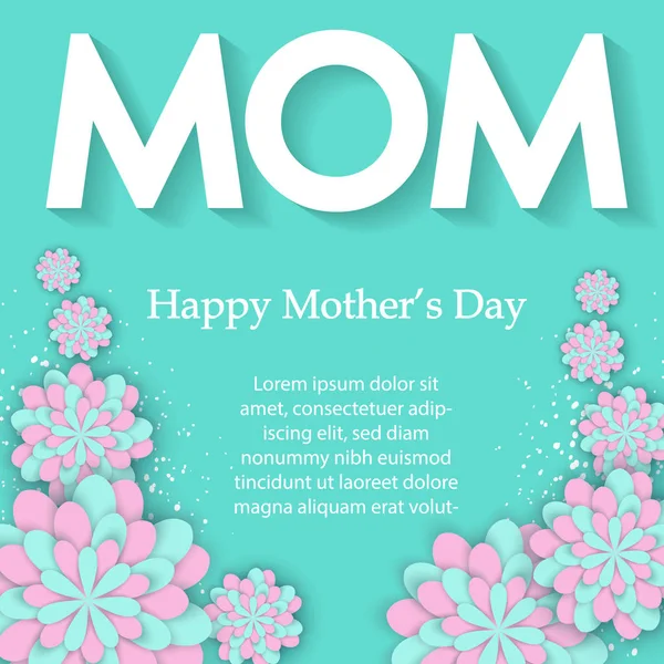 Mothers day flower card. International Happy Mother\'s Day. Holiday 3d background of pink paper flower on blue backdrop with square frame. Trendy design template. Vector illustration