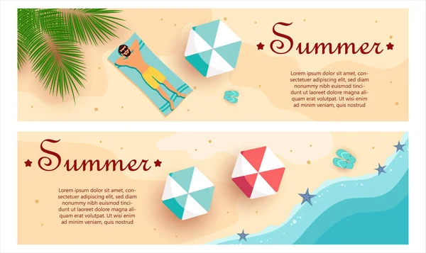 Set Summer Gift Certificates Man Sunbathes Swimsuit View Unusual Design — Stock Vector