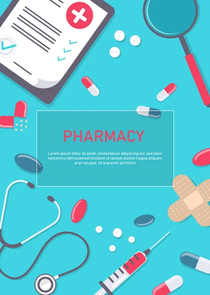 Grande Set Attrezzature Mediche Farmacia Farmacia Cornice Quadrata Con Pillole — Vettoriale Stock