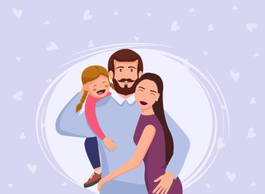 Güzel bir aile posteri. Mutlu, genç bir aile. Düz tasarımın vektör illüstrasyonu