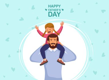 Babalar Günün kutlu olsun. Düz bir dizaynın vektör çizimi - hisse senedi vektörü. Babalar Günü şablon tasarımınız kutlu olsun. Baba ve kızıl saçlı kızın birbirlerine sarıldıkları bir karikatür fotoğrafı. Vektör.