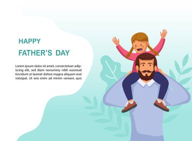 Babalar Günün kutlu olsun. Düz bir dizaynın vektör çizimi - hisse senedi vektörü. Babalar Günü şablon tasarımınız kutlu olsun. Baba ve kızıl saçlı kızın birbirlerine sarıldıkları bir karikatür fotoğrafı. Vektör.