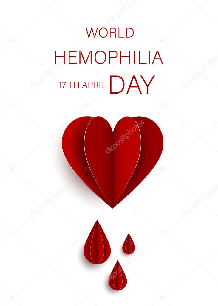 World Hemophilia Day card 17 april. Paper art vector illustration contains red bleeding heart on red background. Medical concept in the care of patients with hemophilia.