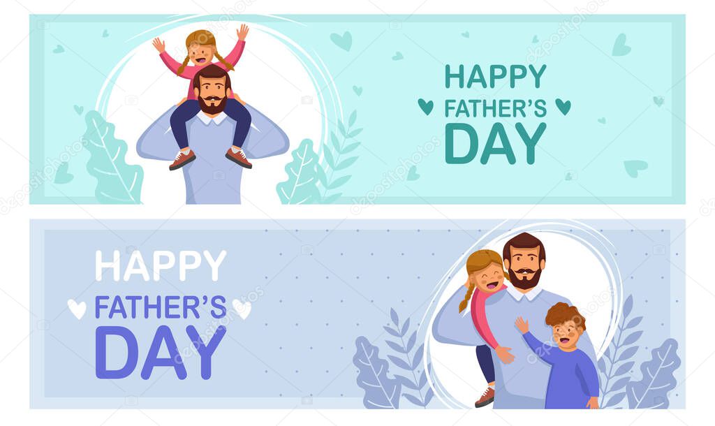 Set greeting cards Happy Father's Day. Cartoon photo of father, red-haired son and daughter hugging together. Vector illustration of a flat design - stock vector. Happy father's day template design.