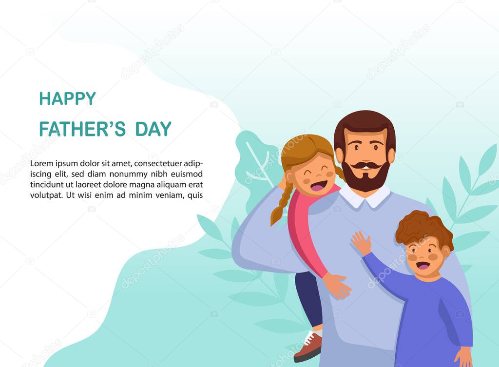 Greeting card Happy Father's Day. Vector illustration of a flat design - stock vector. Happy father's day template design. Cartoon photo of father, red-haired daughter and son hugging together. Vector.