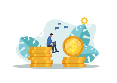 Onun laptop çalışma ve para kazanma iş adamı. Online iş para kazanç iş adamı. Online iş kavramı. Vektör çizim.