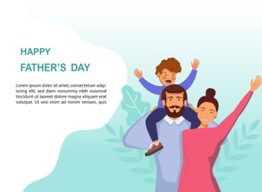 Babalar Günün kutlu olsun. Düz bir dizaynın vektör çizimi - hisse senedi vektörü. Babalar Günü tasarım şablonu kutlu olsun. Bir baba, kızıl saçlı bir oğul ve karısının birbirine sarılırken çekilmiş bir karikatür fotoğrafı. Vektör.