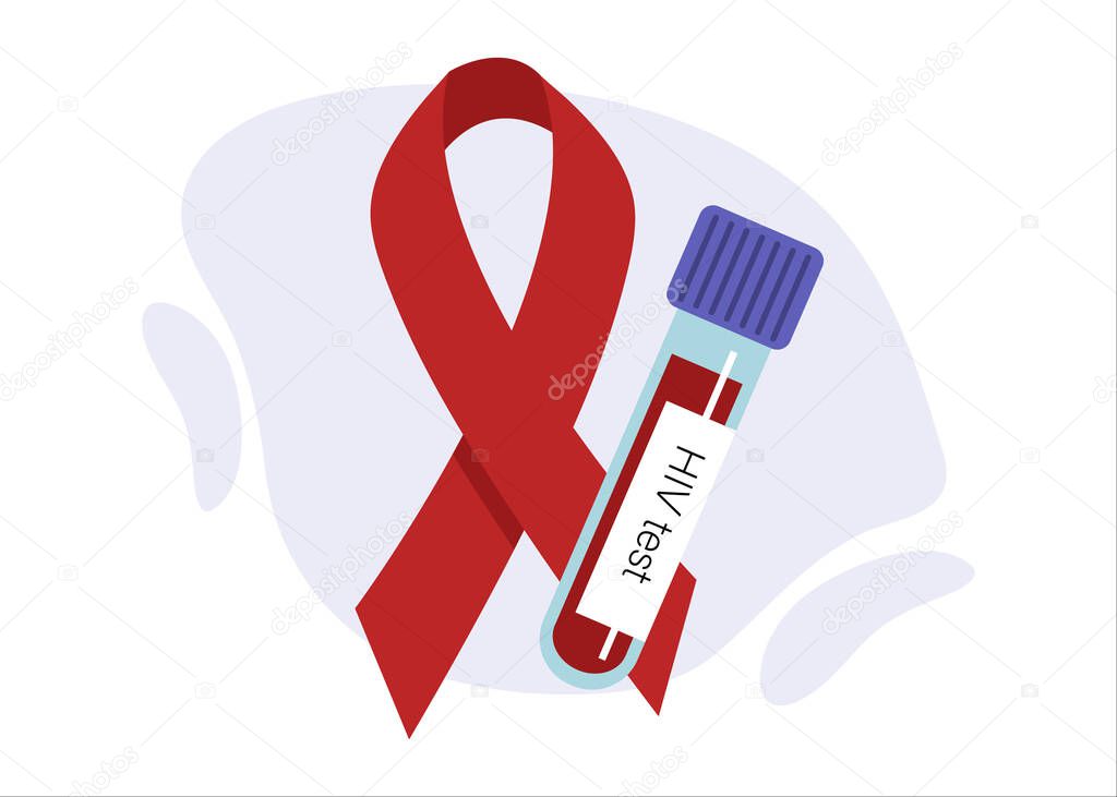 HIV test tube with blood and red ribbon as a symbol of World AIDS Day. Aids, HIV, awareness, illness, blood, disease, health, prevention. Vector illustration isolated on white background.