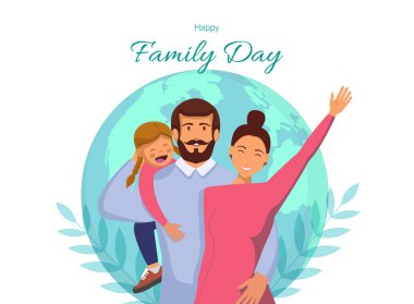 Aile Günü Çizgi Film Vektörü Yatay Web afişi ya da mutlu ailelerin olduğu iniş sayfası. Çocuklu aile çizimi.