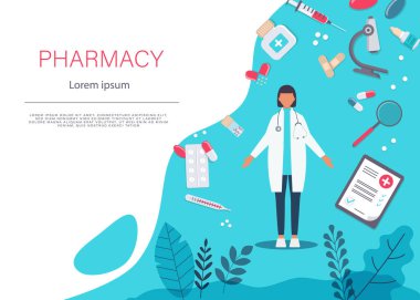 Eczane vektör elementleri Kadın bir eczacı ilaç gösteriyor. Eczane ikonu hazır. Eczacı bir sürü ilaç vektörüyle reçete gösteriyor.