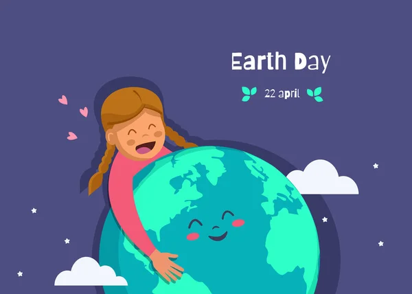Earth Day holiday. Nature and ecology background. girl hugging earth planet between hearts, stars. vector Earth Day illustration