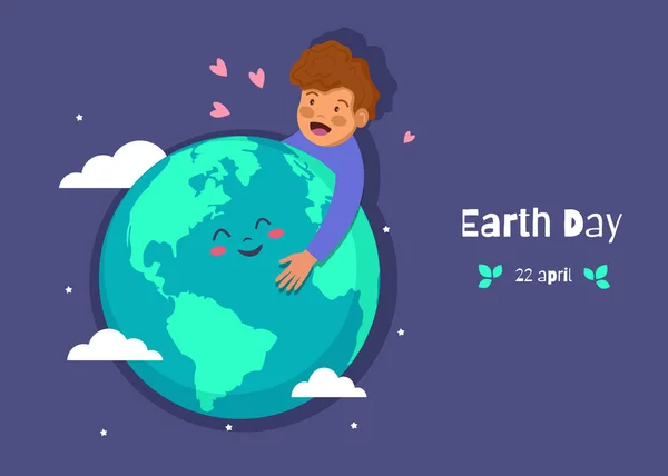 Earth Day holiday. Nature and ecology background. boy hugging earth planet between hearts, stars. vector Earth Day illustration. Vector view