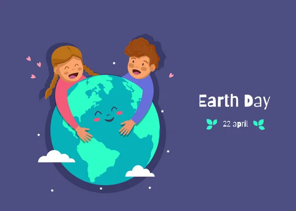 Feiertag der Erde. Hintergrund Natur und Ökologie. Mädchen und Junge umarmen den Planeten Erde zwischen Herzen und Sternen. Vektor Earth Day Illustration. Vektorsicht. — Stockvektor