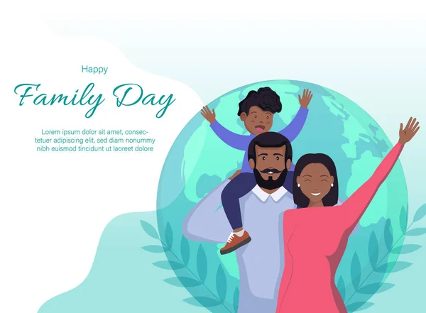 Glückliche afroamerikanische Familie aus drei Mitgliedern: Eltern, ihr Sohn. Schöne Cartoon-Charaktere. Vector Illustration. — Stockvektor