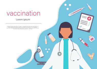 Aşı zamanı. İniş sayfası şablonu. Web tasarımı için modern düz konsept. Aşı, şişe, virüs, aşı takvimi ve doktorlu vektör ilüstrasyon şırıngası.