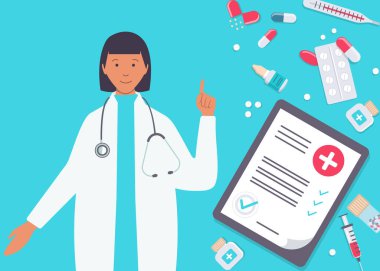 Eczane vektör bilgi elementleri. Kadın eczacı ilaç gösteriyor. Eczane simgeleri ayarlandı.