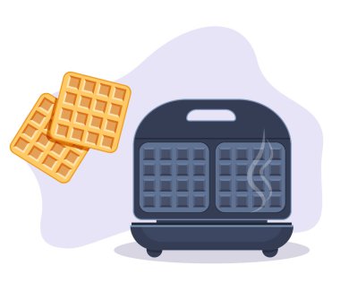 Elektronik Waffle makinesi açıldı. Mutfak aletleri için örnek model. Vektör İllüstrasyonu beyaz arkaplanda izole edildi.