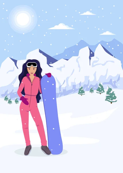 Mujer Snowboarder Deportista Divirtiéndose Estación Esquí Dibujos Animados Ilustración Vector — Vector de stock