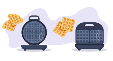 Elektronik Waffle makinesi açıldı. Mutfak aletleri için örnek model. Vektör İllüstrasyonu beyaz arkaplanda izole edildi.