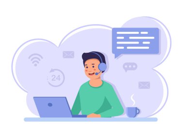 Düz tasarım modern vektör illüstrasyon yaşam tarzı konsepti. Sıradan tişörtlü yakışıklı adam masada oturuyor ve ofiste dizüstü bilgisayarla çalışıyor. Renkli arka planda izole edilmiş.