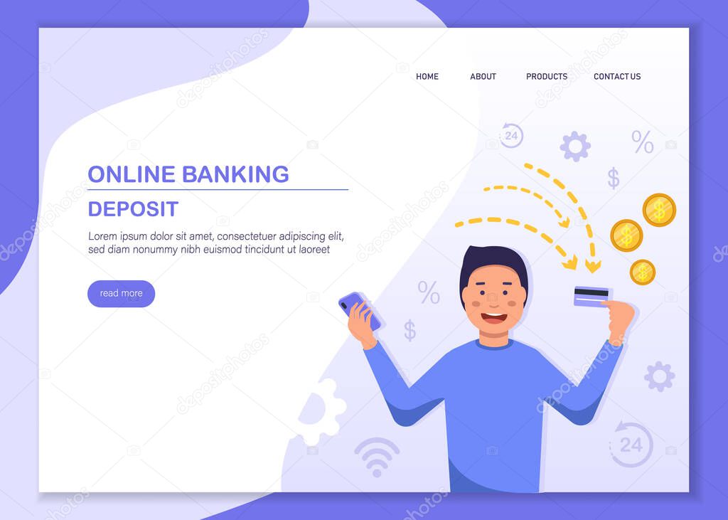 Wealth, Income. Website Landing Page, Man with plastic card and smartphone Money, Capital Safety, Business Characters Making Savings Web Page. Cartoon Flat Vector Illustration, Banner.