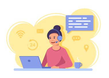 Düz tasarım modern vektör illüstrasyon yaşam tarzı konsepti. Sıradan tişörtlü yakışıklı adam masada oturuyor ve ofiste dizüstü bilgisayarla çalışıyor. Renkli arka planda izole edilmiş.