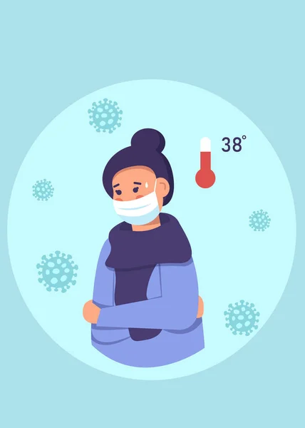 Ein Krankes Mädchen Mit Einem Thermometer Das Die Temperatur Der — Stockvektor