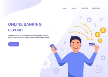 Servet, gelir. Web sitesi İniş Sayfası, Plastik kartı ve akıllı telefonu olan adam, Sermaye Güvenliği, Tasarruf Yapan İş Karakterleri Web Sayfası. Çizgi film Düz Vektör İllüstrasyonu, Banner.