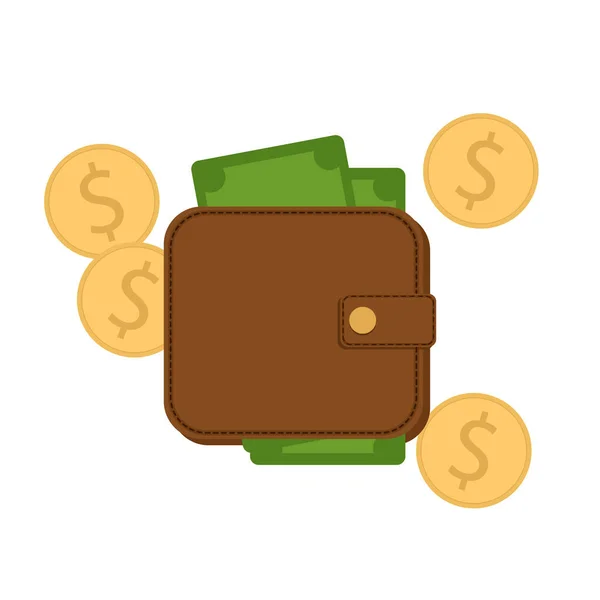 Ilustración de un bolso de cuero marrón con pilas de monedas de oro en dólares . — Vector de stock