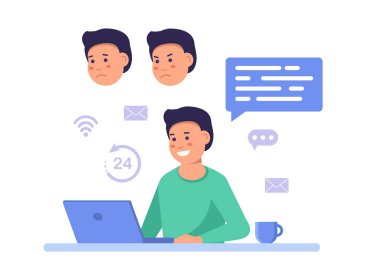 Evden çalışıyorum. Masasındaki Serbest İşadamı dizüstü bilgisayar üzerinde çalışıyor. Düz biçimli vektör illüstrasyonu.