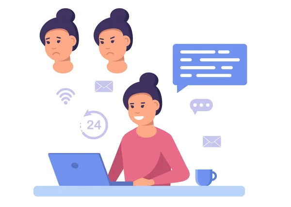 Работа из дома. Внештатная деловая женщина за его столом работает за ноутбуком. Векторная иллюстрация в плоском стиле — стоковый вектор