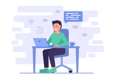 Evden çalışıyorum. Masasındaki Serbest İşadamı dizüstü bilgisayar üzerinde çalışıyor. Düz biçimli vektör illüstrasyonu