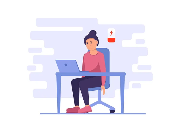 Trabalhar em casa. Mulher de negócios freelance em mau estado, cansada. Ilustração vetorial em estilo plano —  Vetores de Stock