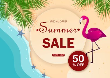 Flamingo ve tropikal yaprak arka planlı yaz indirimi sancak modern tasarım.