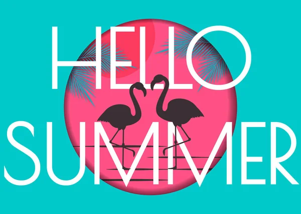 Hello Summer Background Cool Flamingo Palm Vector Illustration — Stock Vector