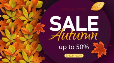 Sonbahar Satış Arkaplanı, düşen yapraklar, web afişi, alışveriş satışı veya mevsimlik poster, kartpostal ve davetiye kartı. Vektör illüstrasyonu.