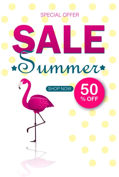 Sommerschlussverkauf Banner modernes Design mit Flamingo und tropischen Blättern Hintergrund — Stockvektor
