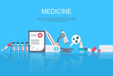 Eczane çerçevesinde haplar, ilaçlar, tıbbi şişeler. Eczane vektörü düz çizim. İlaç ve sağlık afişi, kopya alanı olan poster arkaplanı.