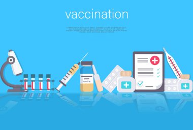 Aşı konsepti çizimi. İlaç ve ekipmanlı tıbbi belge