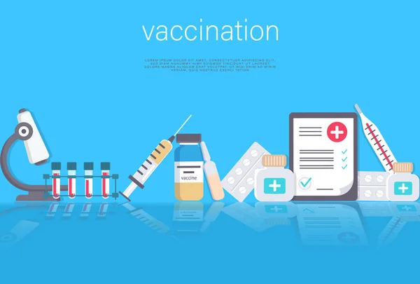 Ilustración del concepto vacunal. Documento médico con medicamentos y equipos — Vector de stock